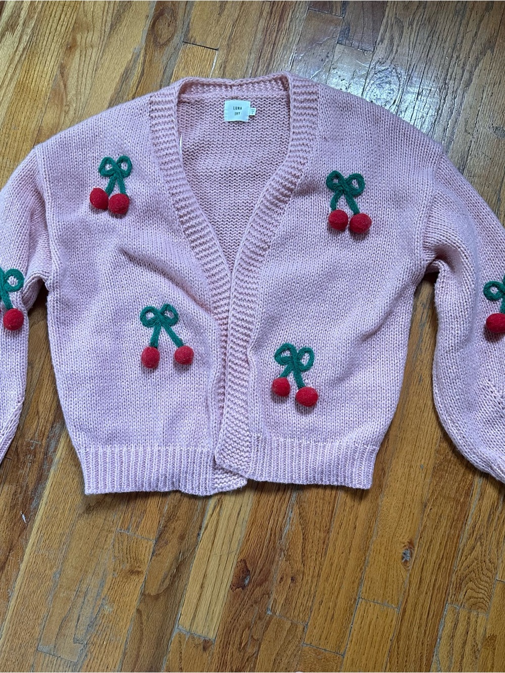 Crazy Cute Luna Ivy Pink Knit Cardigan with Cherry Pom Embellishments